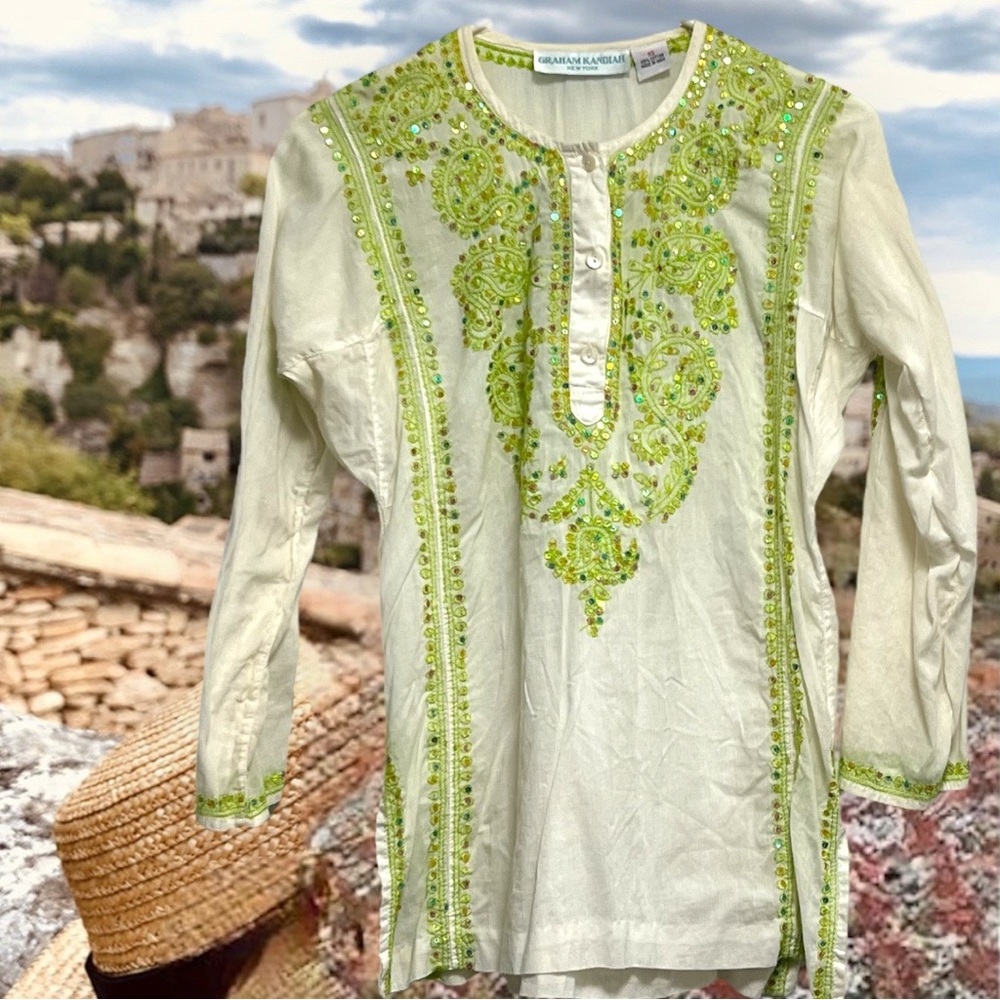 Graham Kandiah New York Cotton Tunic Top White Embroidered Sequins Sz XS.